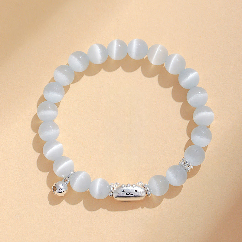Braccialetto positivo Buddha Stones in argento sterling 999 con testa di gatto naturale, occhio di gatto bianco, agata bianca - image 1