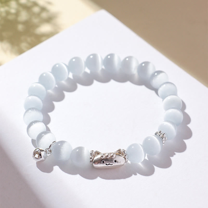 Braccialetto positivo Buddha Stones in argento sterling 999 con testa di gatto naturale, occhio di gatto bianco, agata bianca - image 2