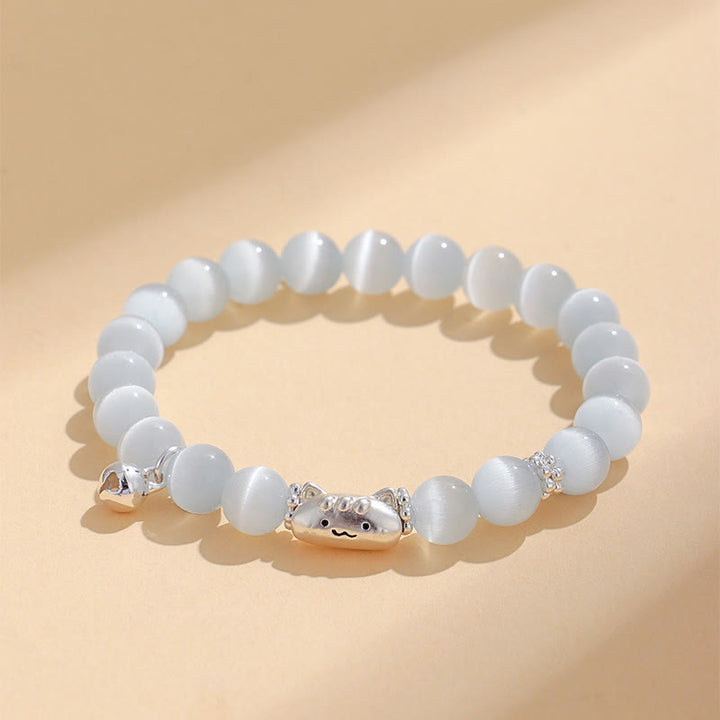 Braccialetto positivo Buddha Stones in argento sterling 999 con testa di gatto naturale, occhio di gatto bianco, agata bianca - Occhio di gatto bianco (circonferenza del polso: 13-15 cm) - image 0