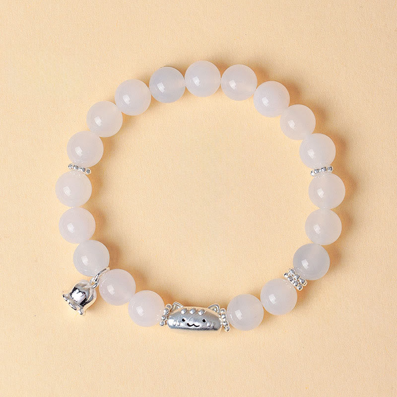 Braccialetto positivo Buddha Stones in argento sterling 999 con testa di gatto naturale, occhio di gatto bianco, agata bianca - Agata bianca (circonferenza del polso: 13-15 cm) - image 9