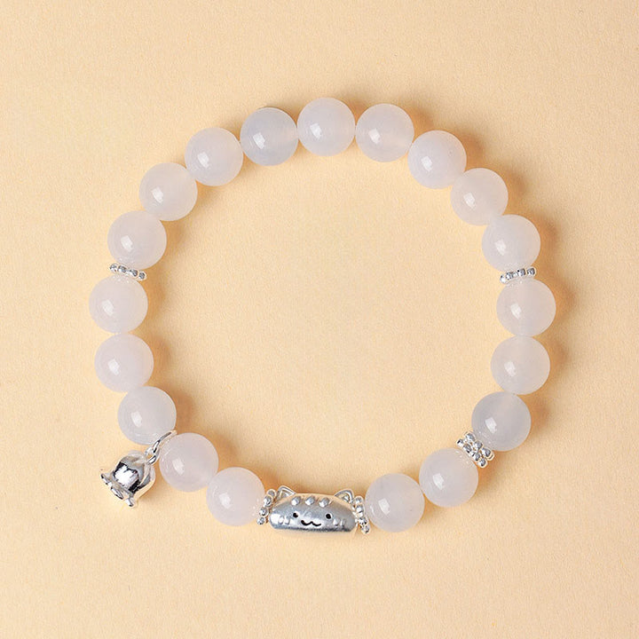 Braccialetto positivo Buddha Stones in argento sterling 999 con testa di gatto naturale, occhio di gatto bianco, agata bianca - Agata bianca (circonferenza del polso: 13-15 cm) - image 9
