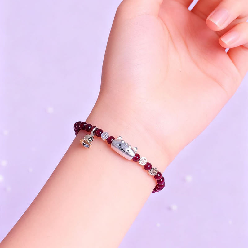 Braccialetto di perline di protezione in granato naturale a forma di testa di gatto, in argento sterling 999, Buddha Stones - image 5