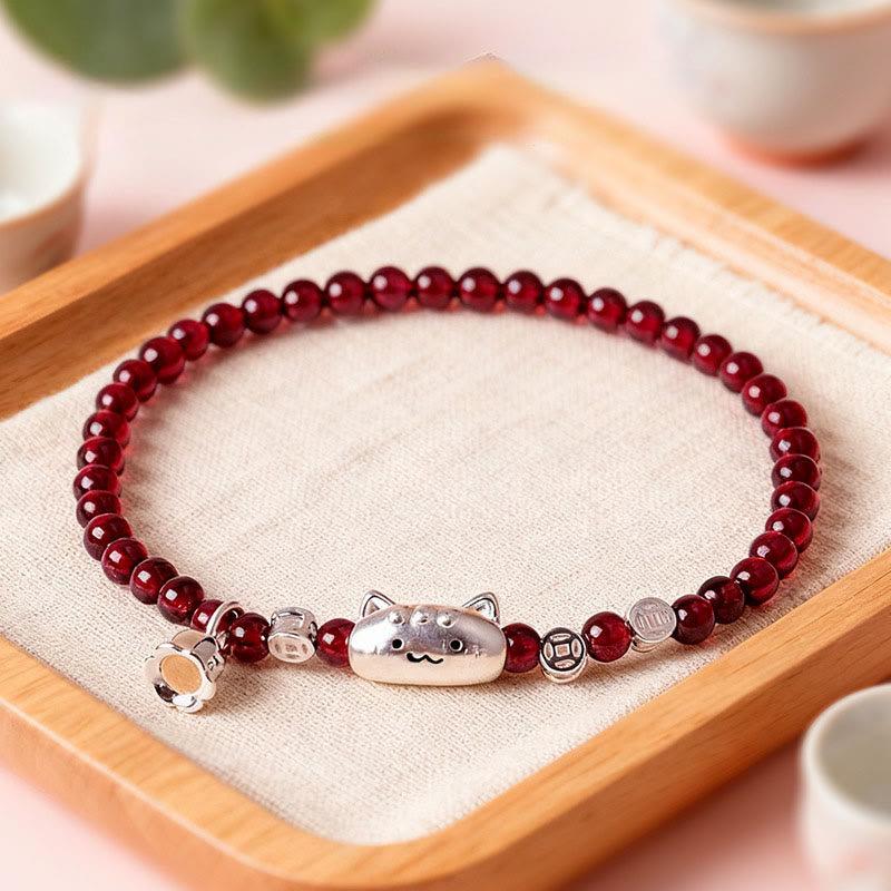 Braccialetto di perline di protezione in granato naturale a forma di testa di gatto, in argento sterling 999, Buddha Stones - Granato da 4 mm (circonferenza del polso: 13-15 cm) - image 0
