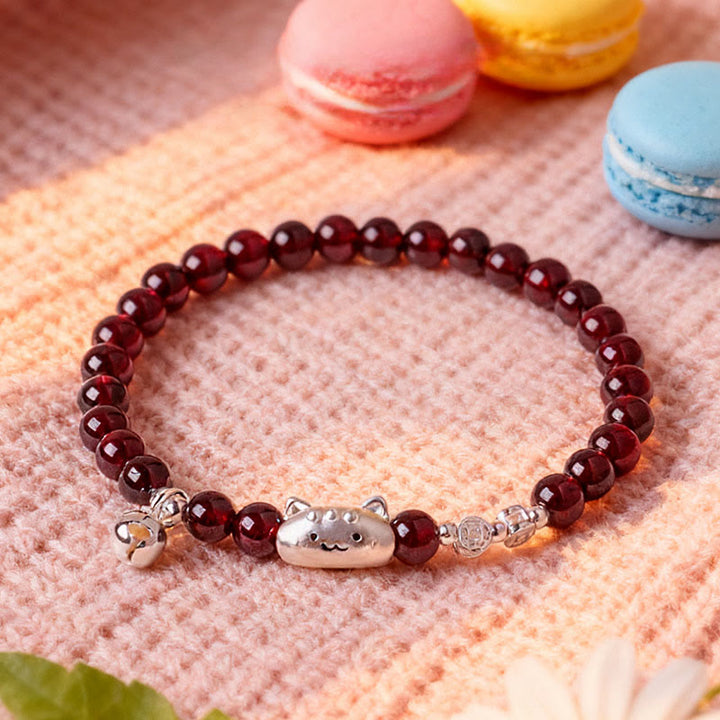 Braccialetto di perline di protezione in granato naturale a forma di testa di gatto, in argento sterling 999, Buddha Stones - image 17
