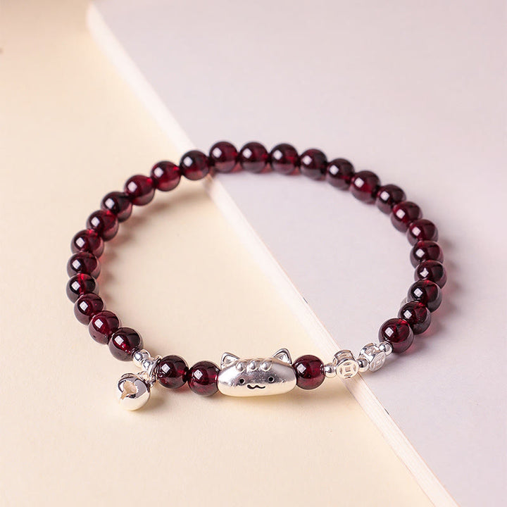 Braccialetto di perline di protezione in granato naturale a forma di testa di gatto, in argento sterling 999, Buddha Stones - image 16