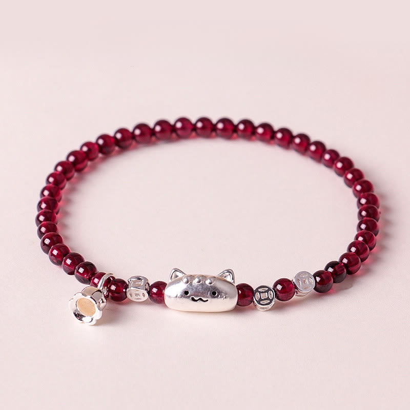 Braccialetto di perline di protezione in granato naturale a forma di testa di gatto, in argento sterling 999, Buddha Stones - image 1