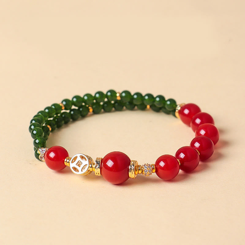 Bracciale Buddha Stones in agata rossa naturale con doppio giro e calcedonio verde - image 2