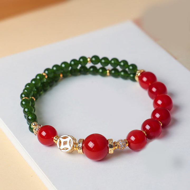 Bracciale Buddha Stones in agata rossa naturale con doppio giro e calcedonio verde - image 4