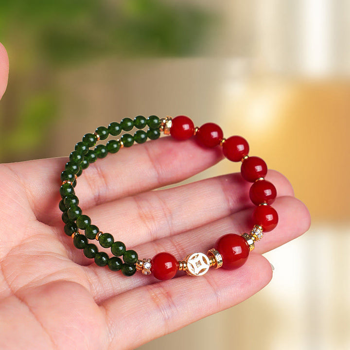 Bracciale Buddha Stones in agata rossa naturale con doppio giro e calcedonio verde - Agata rossa (circonferenza del polso: 13-15 cm) - image 0