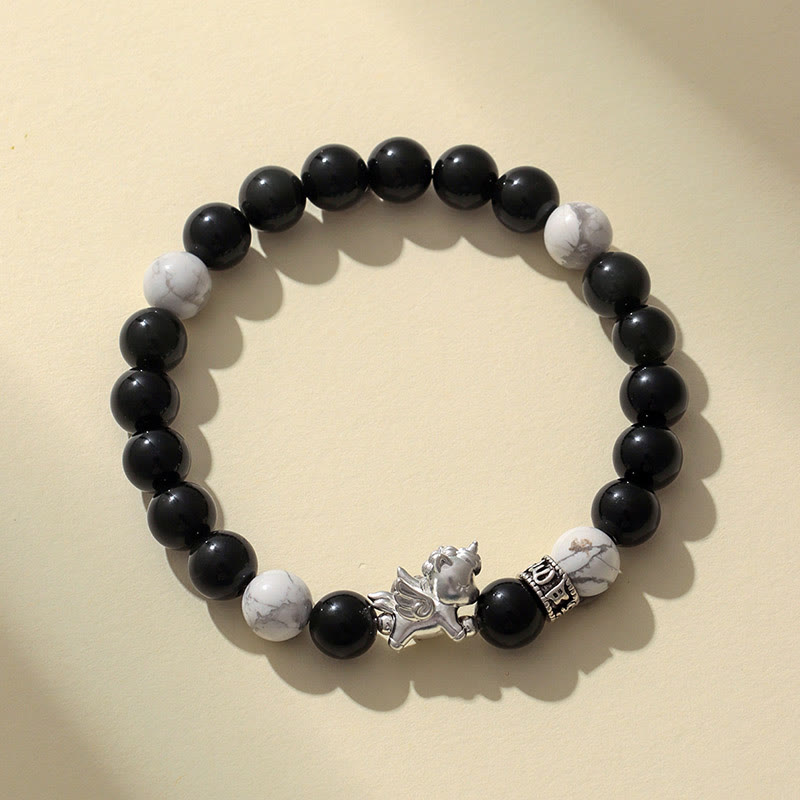 Bracciale Buddha Stones in argento sterling 999 con ossidiana nera naturale e seme di Bodhi, simbolo della forza dell'anno del cavallo - image 1
