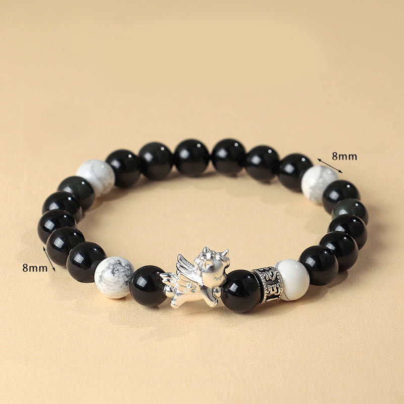 Bracciale Buddha Stones in argento sterling 999 con ossidiana nera naturale e seme di Bodhi, simbolo della forza dell'anno del cavallo - image 4