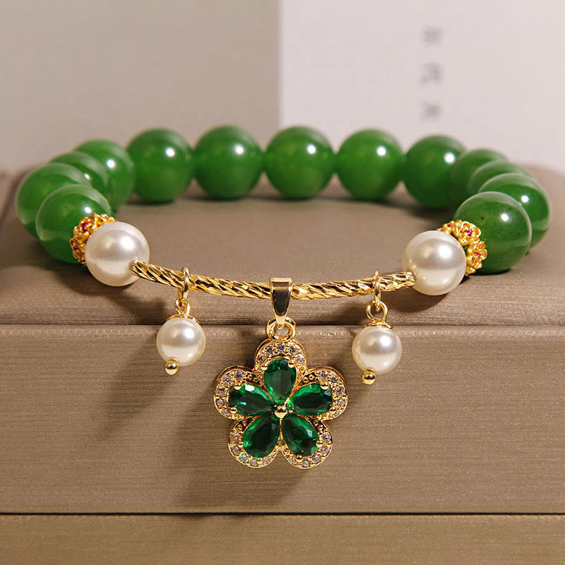 Bracciale Buddha Stones con perle di diaspro verde e fiori - Diaspro verde (circonferenza del polso: 15-17 cm) - image 0