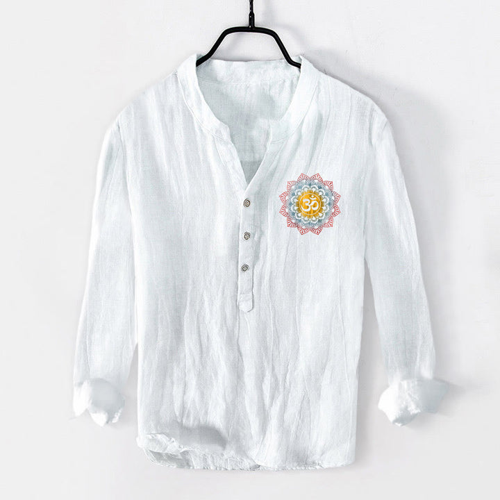 Camicia da uomo in cotone e lino a maniche lunghe con motivo a mandala, simbolo Om Buddha Stones - image 1