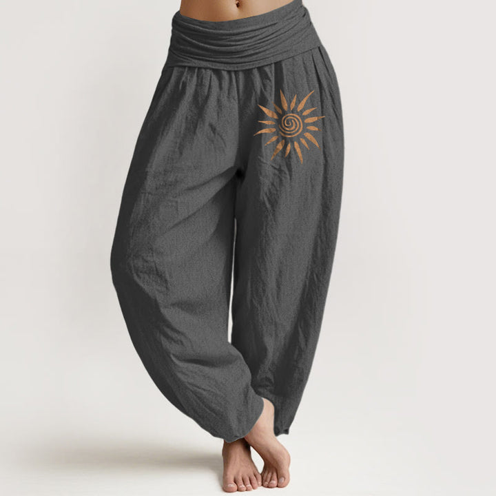 Pantaloni harem da donna in puro cotone con elastico in vita e motivo a sole e centro a spirale Buddha Stones - Grigio tenue - US22, UK/AU26, EU54 (6XL) - image 8
