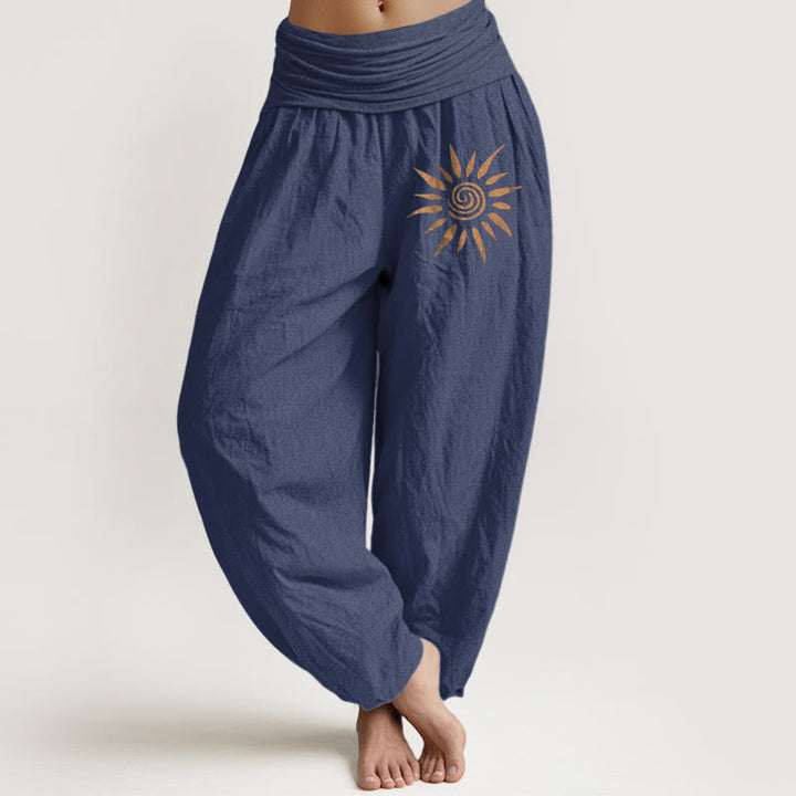 Pantaloni harem da donna in puro cotone con elastico in vita e motivo a sole e centro a spirale Buddha Stones - Blu ardesia scuro - US22, UK/AU26, EU54 (6XL) - image 5