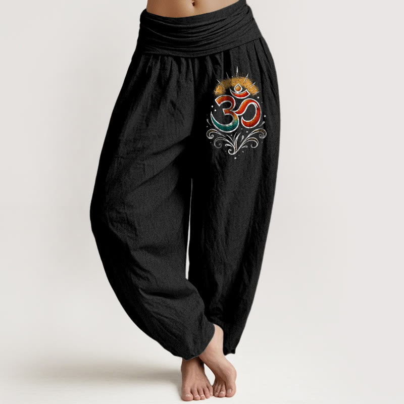 Pantaloni harem in cotone con elastico in vita e motivo leggero Buddha Stones simbolo Om - Nero - US22, UK/AU26, EU54 (6XL) - image 5