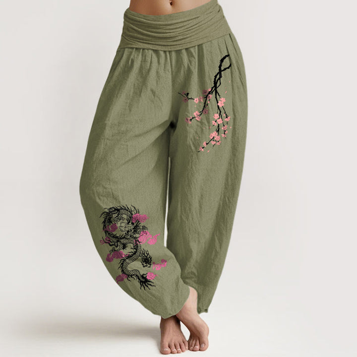 Pantaloni harem in cotone con elastico in vita, motivo floreale, motivo Buddha Stones Dragon Clouds di buon auspicio da donna - Verde oliva - US22, UK/AU26, EU54 (6XL) - image 14