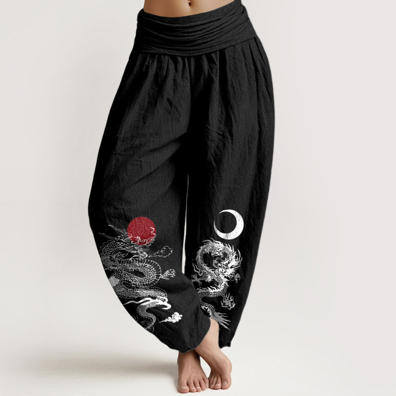 Pantaloni harem da donna con elastico in vita, in puro cotone, con motivo drago, sole e luna, motivo Buddha Stones - Nero - US22, UK/AU26, EU54 (6XL) - image 0
