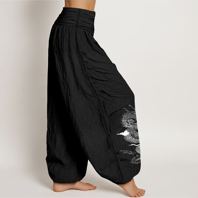 Pantaloni harem da donna con elastico in vita, in puro cotone, con motivo drago, sole e luna, motivo Buddha Stones - image 1