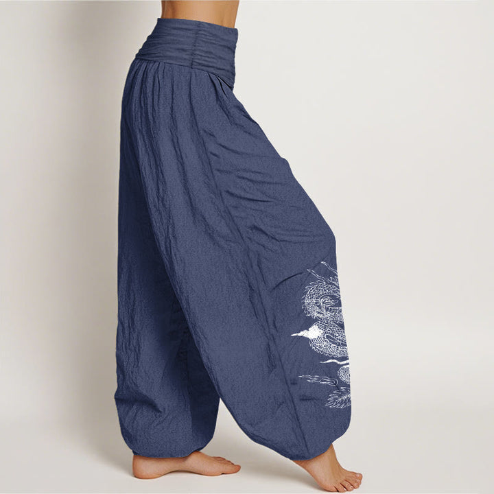 Pantaloni harem da donna con elastico in vita, in puro cotone, con motivo drago, sole e luna, motivo Buddha Stones - image 6
