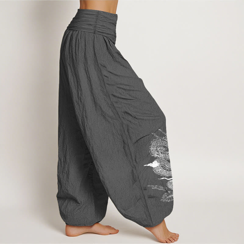 Pantaloni harem da donna con elastico in vita, in puro cotone, con motivo drago, sole e luna, motivo Buddha Stones - image 9