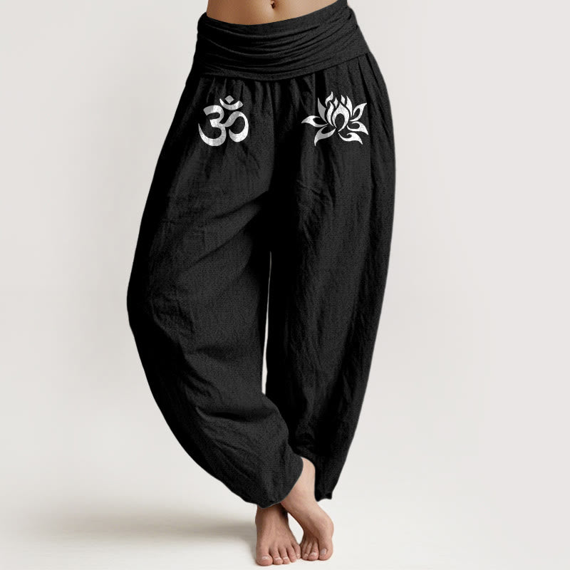 Pantaloni harem da donna con elastico in vita, in puro cotone, con motivo a loto e simbolo Om, in tinta unita - Nero - US22, UK/AU26, EU54 (6XL) - image 5