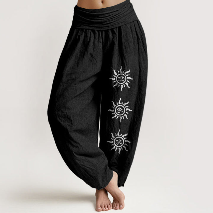 Pantaloni harem da donna con elastico in vita, in puro cotone, con Buddha Stones , modello Sun Om - Nero - US22, UK/AU26, EU54 (6XL) - image 5