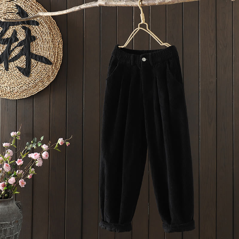Pantaloni harem invernali da donna in velluto a coste di cotone con vita alta e fodera in pile, con tasche , Buddha Stones - image 12