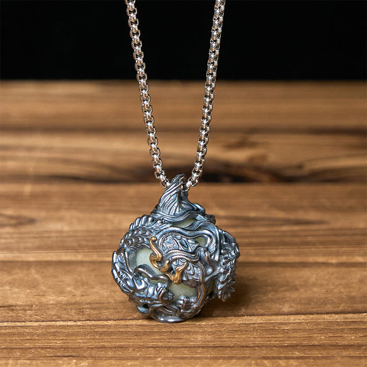 Buddha Stones Collana con ciondolo a forma di drago di rame che circonda la perla della forza - Catena Drago e Twist - image 7