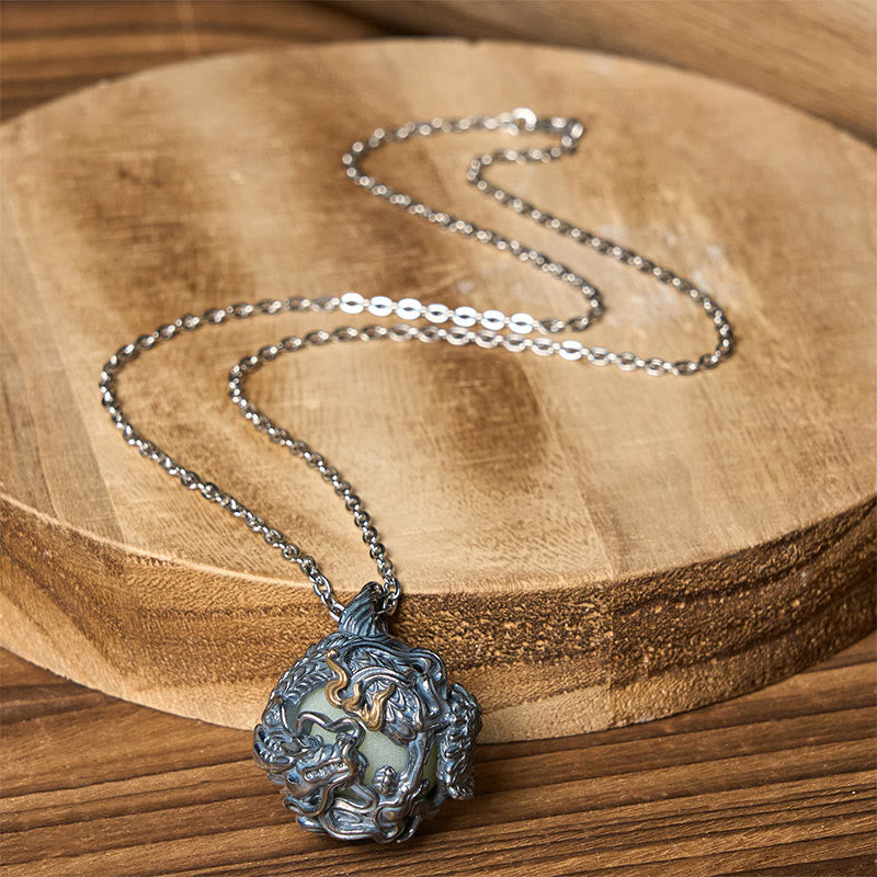 Buddha Stones Collana con ciondolo a forma di drago di rame che circonda la perla della forza - image 4
