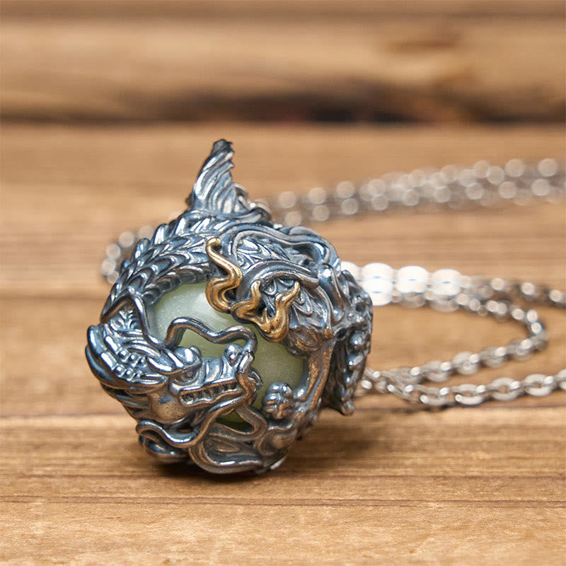 Buddha Stones Collana con ciondolo a forma di drago di rame che circonda la perla della forza - image 3