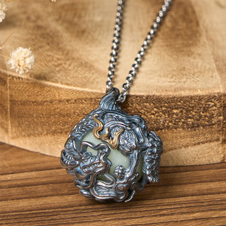 Buddha Stones Collana con ciondolo a forma di drago di rame che circonda la perla della forza - image 2