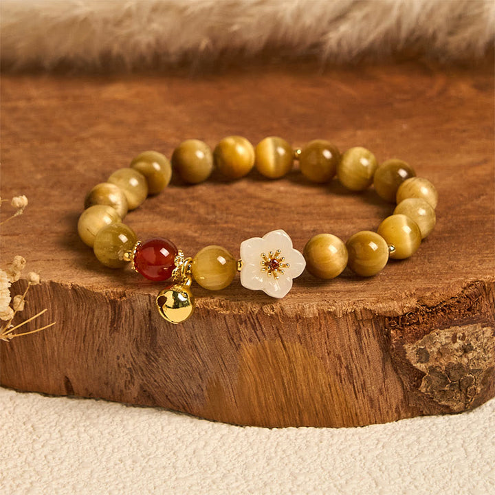 Braccialetto del coraggio con fiore a campana in occhio di tigre dorato naturale Buddha Stones - Occhio di tigre e fiore bianco (circonferenza del polso: 14-16 cm) - image 0