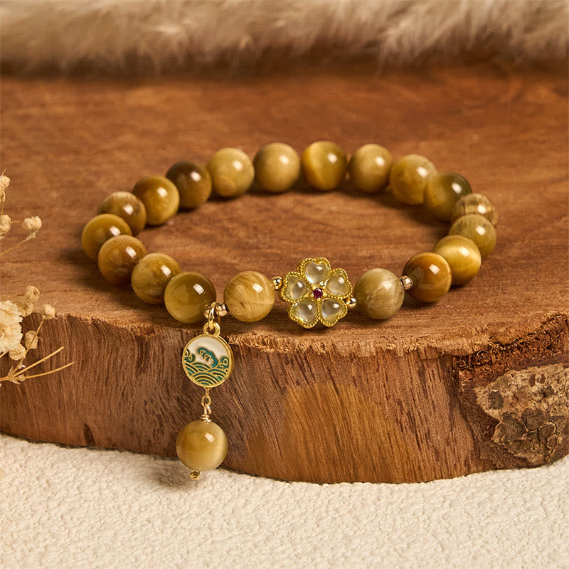 Braccialetto del coraggio con fiore a campana in occhio di tigre dorato naturale Buddha Stones - Occhio di tigre e fiore verde (circonferenza del polso: 14-16 cm) - image 5