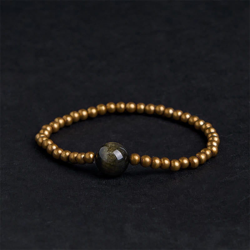 Braccialetto di protezione e ricchezza in ossidiana Buddha Stones placcate in rame e ottone dorato - Ossidiana in rame, ottone e oro lucido (circonferenza del polso: 14-16 cm) - image 0