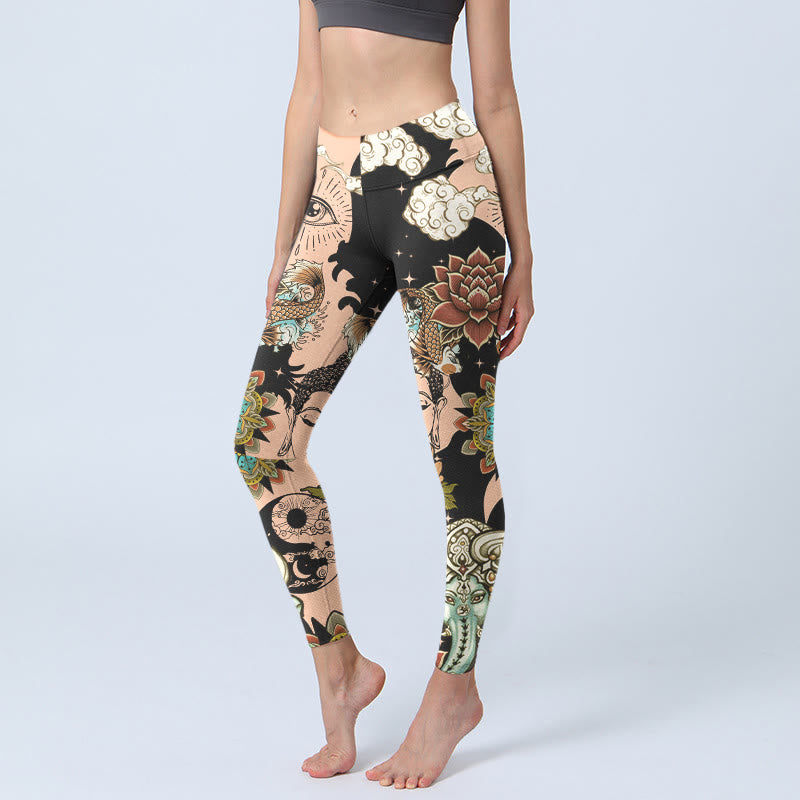 Buddha Stones Leggings da palestra a forma di loto Ganesh Mandala Malocchio Koi Pesce Yin Yang Pantaloni da yoga da donna - Biscotto - US18, UK/AU22, EU50 (4XL) - image 0