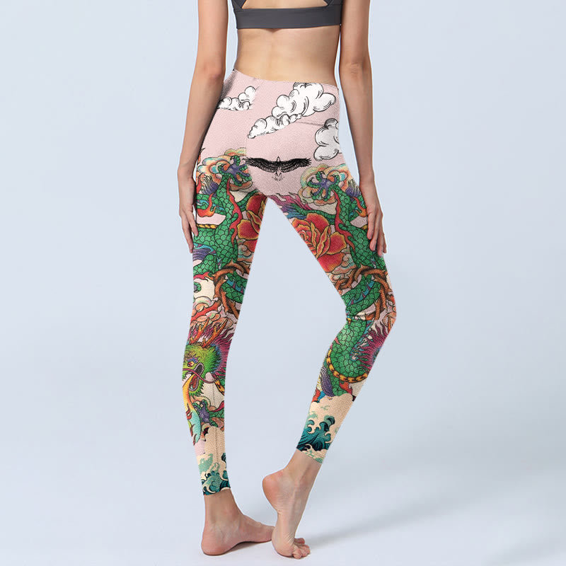 Buddha Stones Leggings da palestra con motivo Dragon Rose Eagle Waves, nuvole di buon auspicio, pantaloni da yoga da donna - image 4