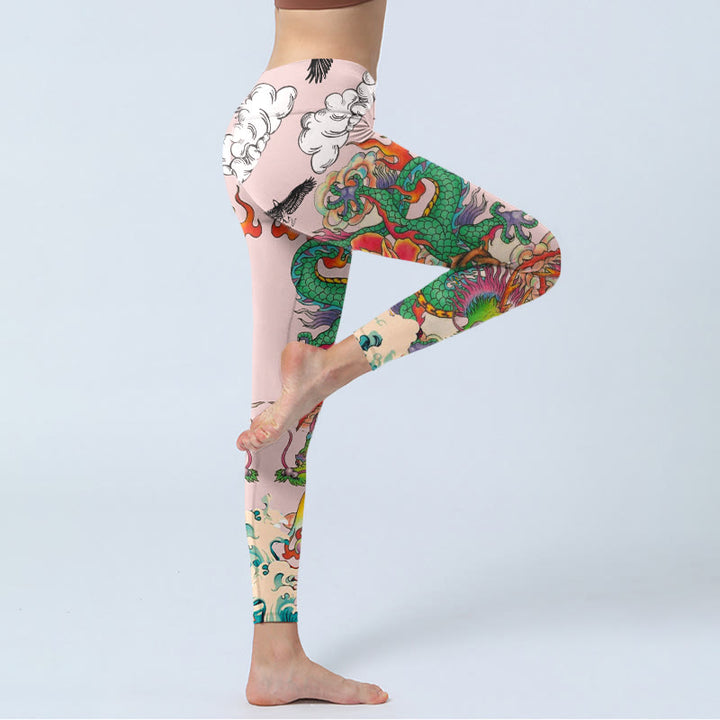 Buddha Stones Leggings da palestra con motivo Dragon Rose Eagle Waves, nuvole di buon auspicio, pantaloni da yoga da donna - image 3
