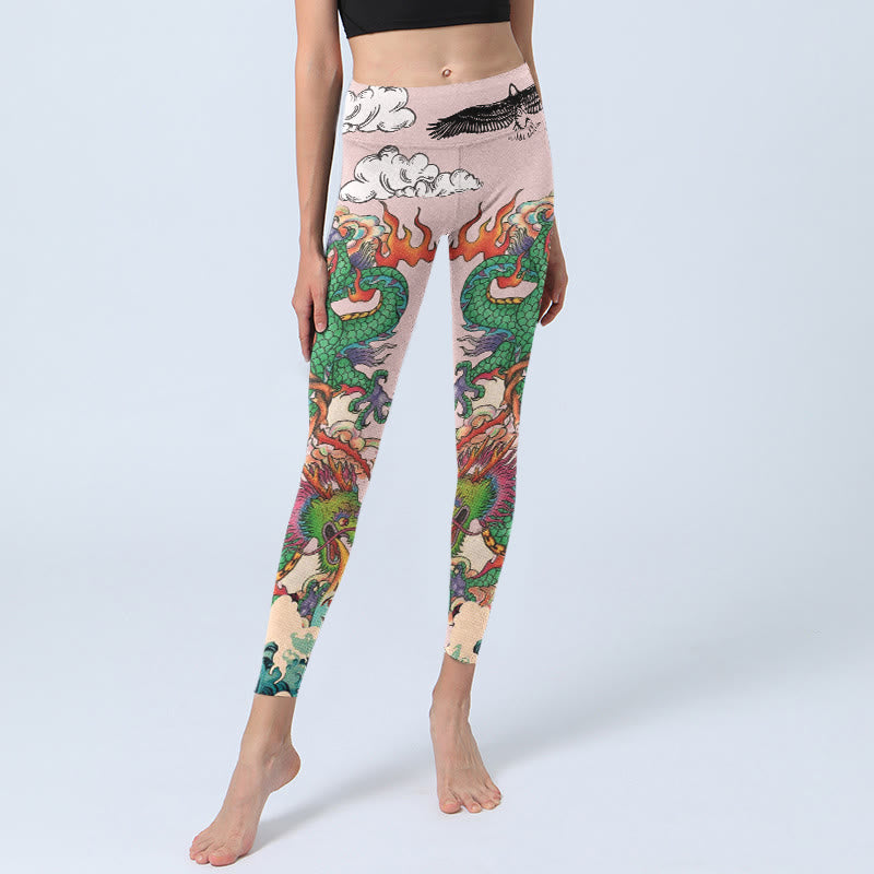 Buddha Stones Leggings da palestra con motivo Dragon Rose Eagle Waves, nuvole di buon auspicio, pantaloni da yoga da donna - image 5