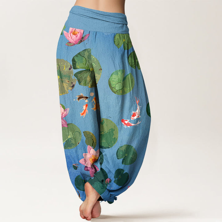 Pantaloni harem da donna in puro cotone con elastico in vita e motivo a fiori di loto e stampa Buddha Stones - image 2