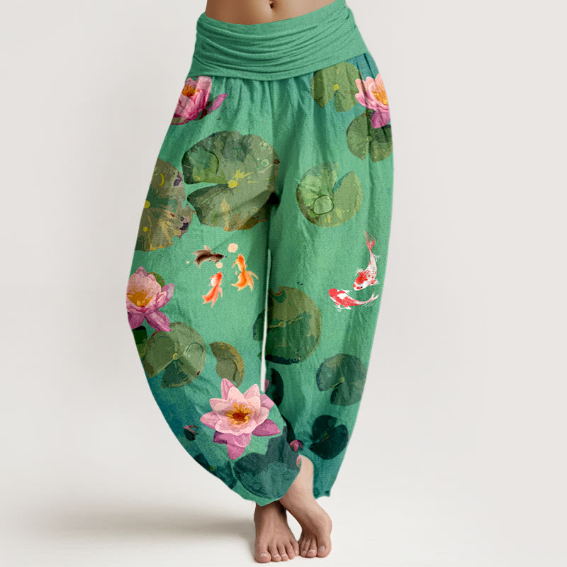 Pantaloni harem da donna in puro cotone con elastico in vita e motivo a fiori di loto e stampa Buddha Stones - Verde Primavera - US16, UK/AU20, EU48 (3XL) - image 5