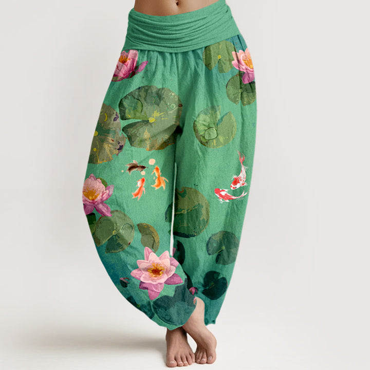 Pantaloni harem da donna in puro cotone con elastico in vita e motivo a fiori di loto e stampa Buddha Stones - Verde Primavera - US16, UK/AU20, EU48 (3XL) - image 5