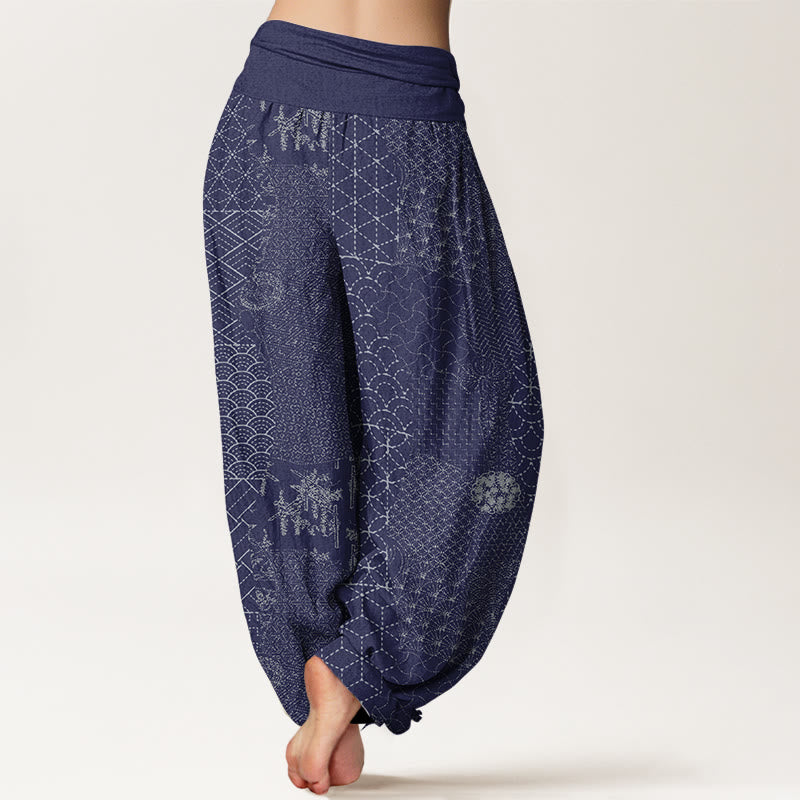 Pantaloni harem in puro cotone stampato con elastico in vita e motivo geometrico Buddha Stones da donna - image 7