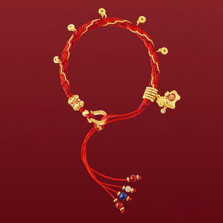 Buddha Stones Bracciale intrecciato con corda rossa portafortuna in oro 18k placcato in rame con carattere Fu dell'anno del cavallo - image 1