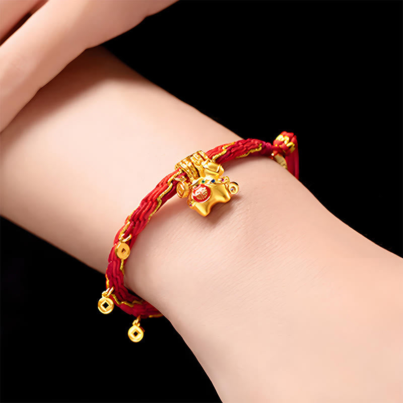 Buddha Stones Bracciale intrecciato con corda rossa portafortuna in oro 18k placcato in rame con carattere Fu dell'anno del cavallo - image 2