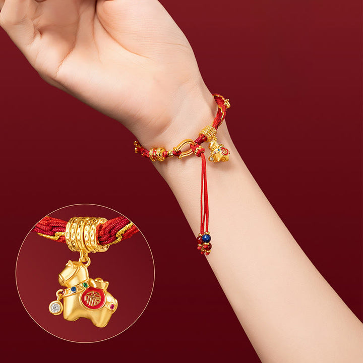 Buddha Stones Bracciale intrecciato con corda rossa portafortuna in oro 18k placcato in rame con carattere Fu dell'anno del cavallo - image 8