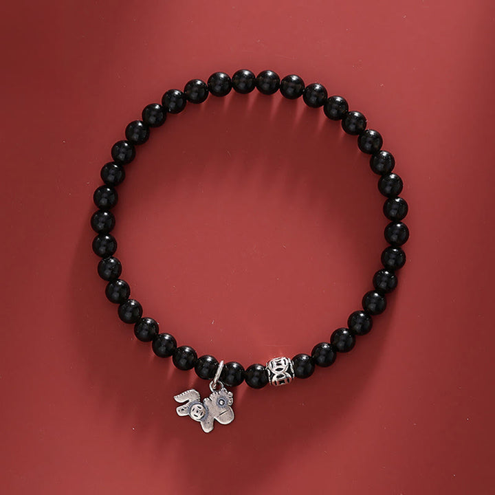 Bracciale Buddha Stones Year Of The Horse in argento sterling 925 con ossidiana nera naturale e forza - Cavallo in argento sterling 925 e ossidiana nera (circonferenza del polso 16-17 cm) - image 0