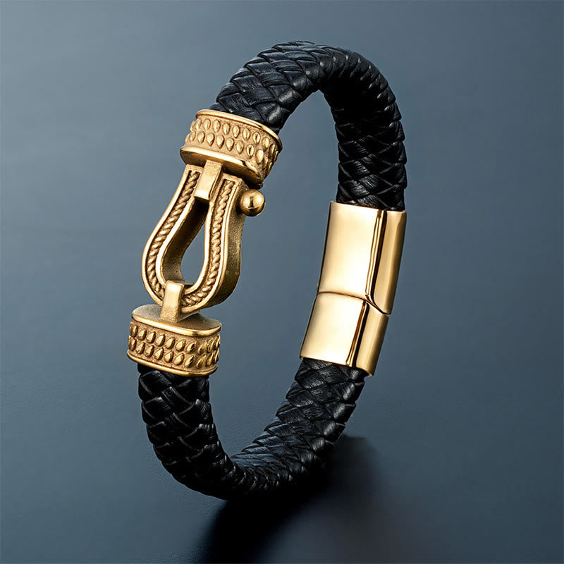 Bracciale con fibbia magnetica intrecciata in acciaio al titanio a forma di ferro di cavallo Buddha Stones - Acciaio dorato e titanio - 23 centimetri - image 4