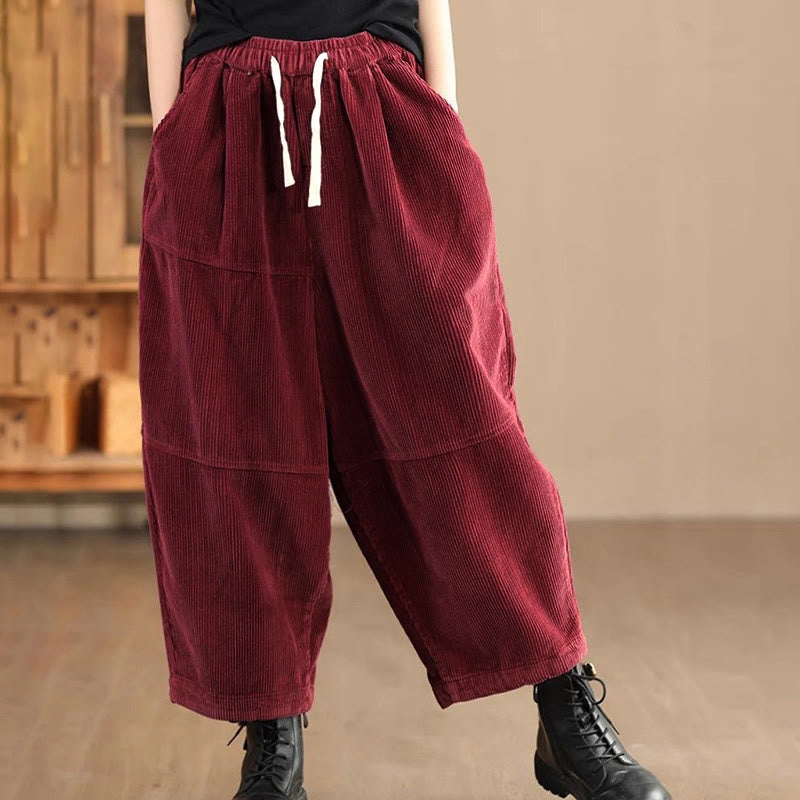 Pantaloni da donna in velluto a coste di cotone con coulisse, foderati in pile termico e tasche Buddha Stones - FireBrick - US14, UK/AU18, EU46 (4XL) - image 5