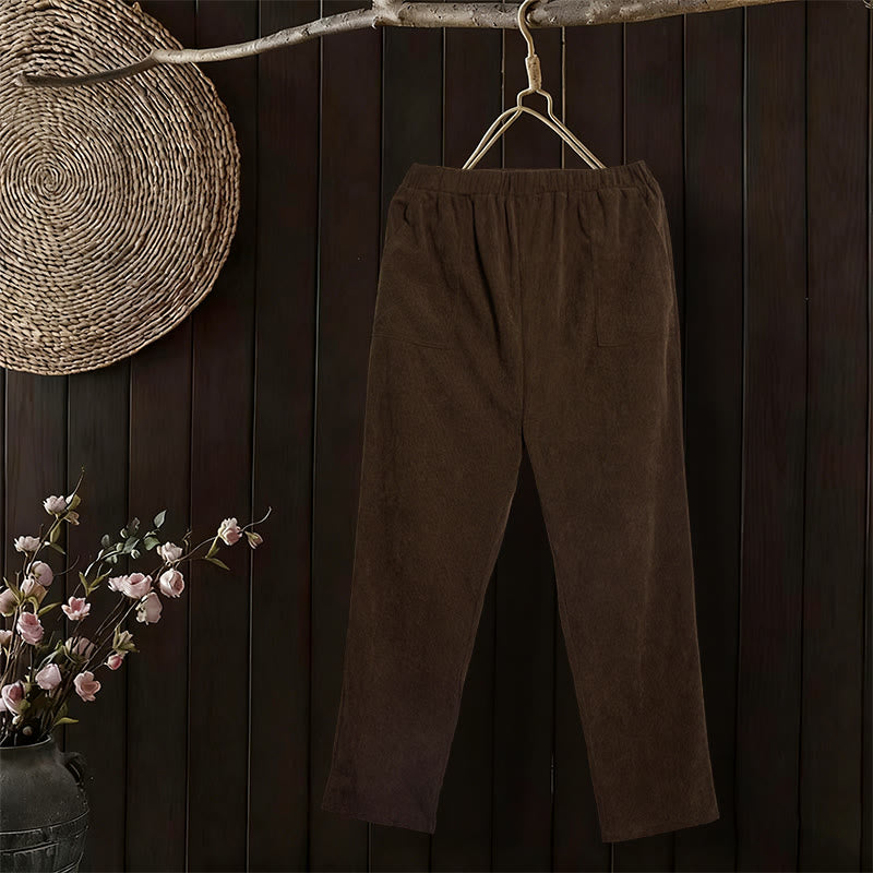 Pantaloni da donna in velluto a coste color puro Buddha Stones con tasche - Marrone sella - US16, UK/AU20, EU48 (3XL) - image 0